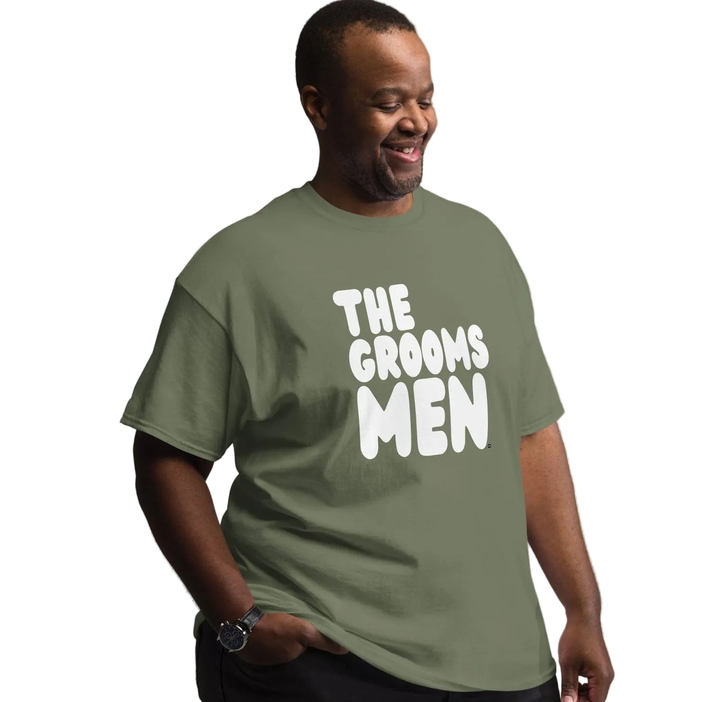 Man wearing the Groomsmen Unisex T-Shirt in Olive Green