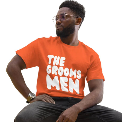 Man wearing the Groomsmen Unisex T-Shirt in Orange