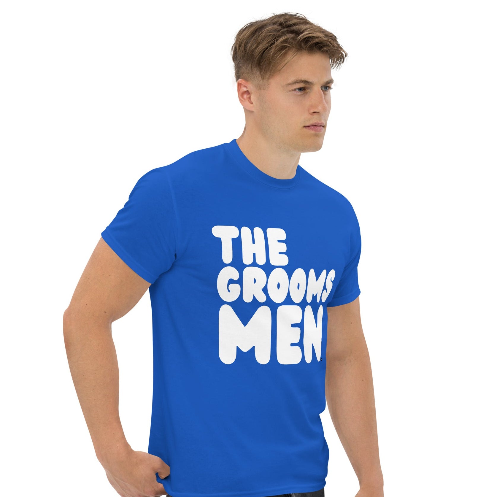 Man wearing the Groomsmen Unisex T-Shirt in Royal Blue