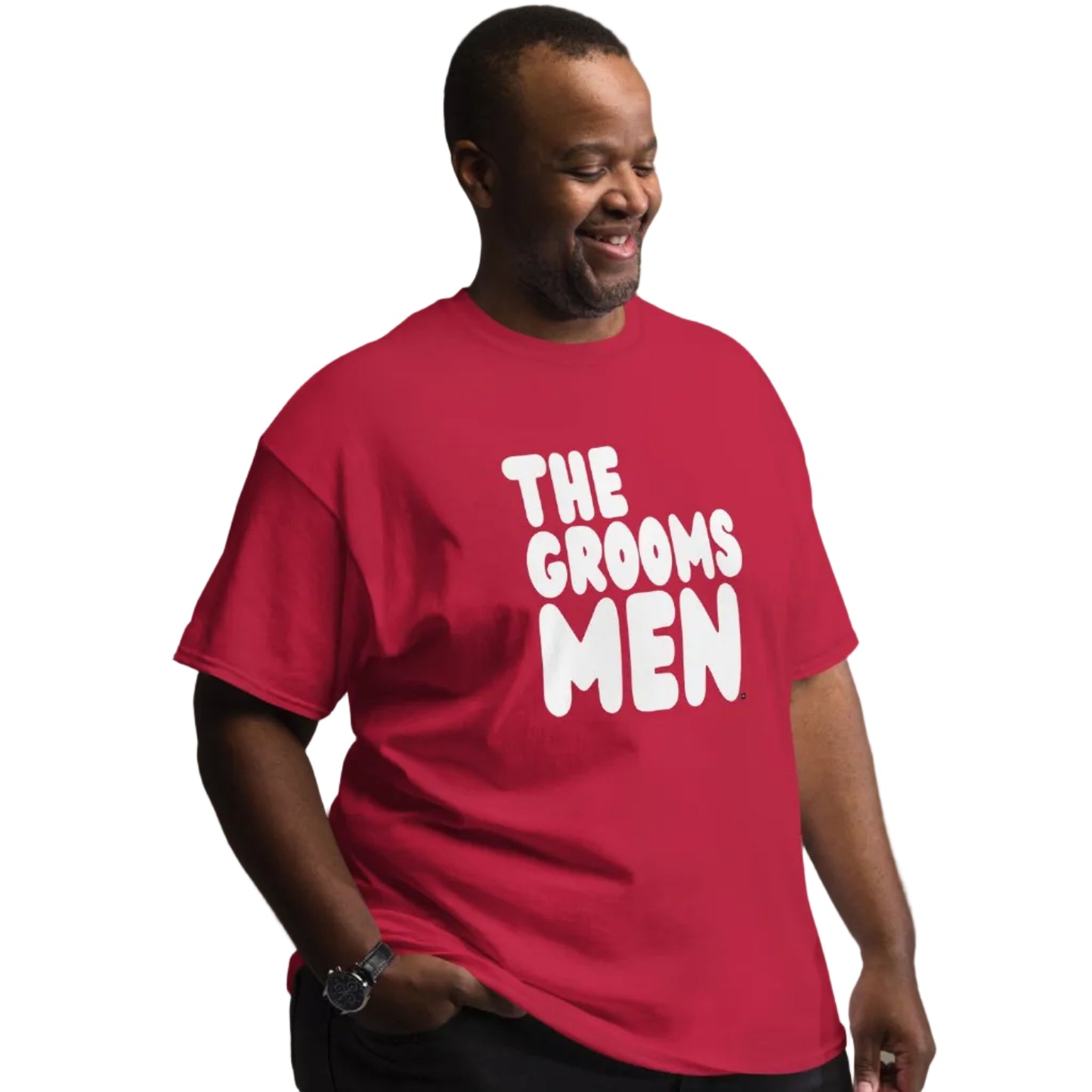 Man wearing the Groomsmen Unisex T-Shirt in red