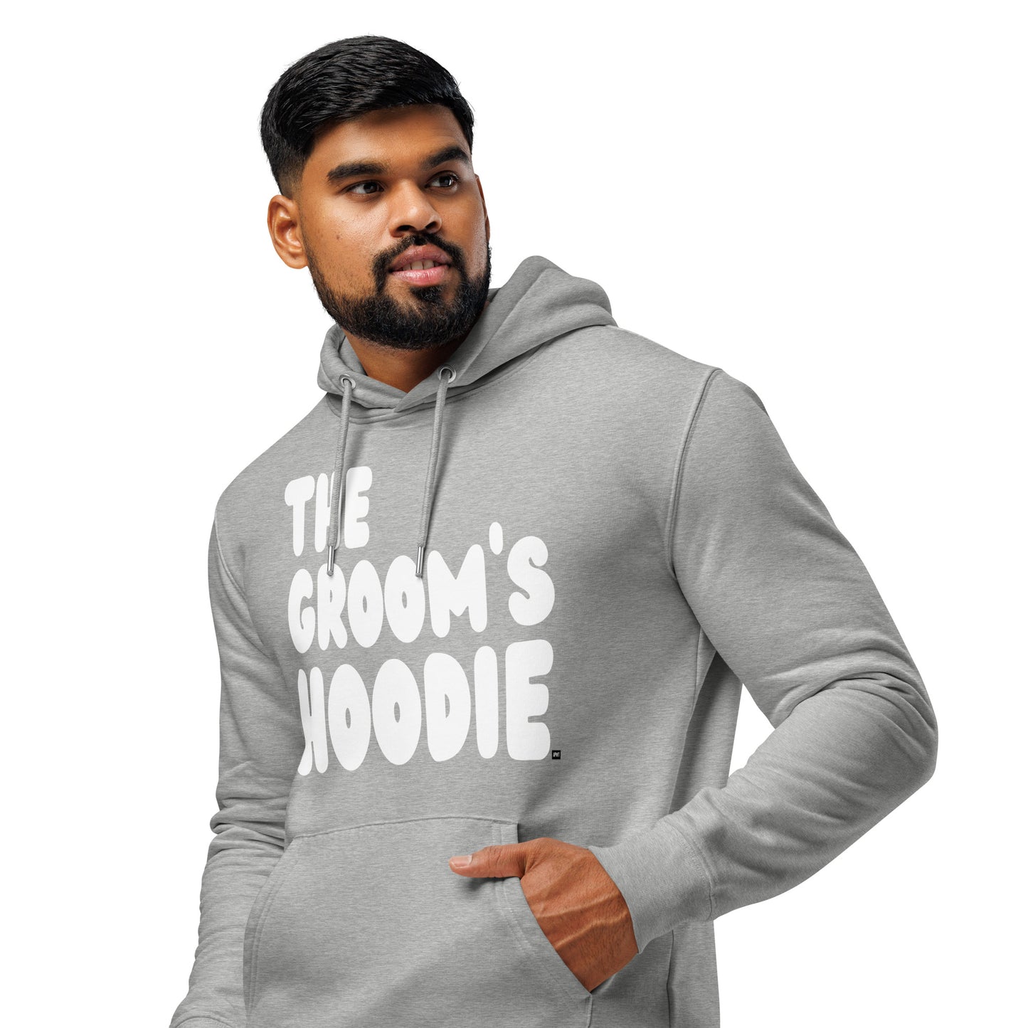 Man wearing the The Groom's Hoodie Premium Unisex Hoodie in Grey from the APWT Gift Shop 