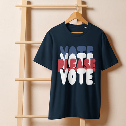 Please Vote Unisex T-Shirt in Navy Blue on a hanger