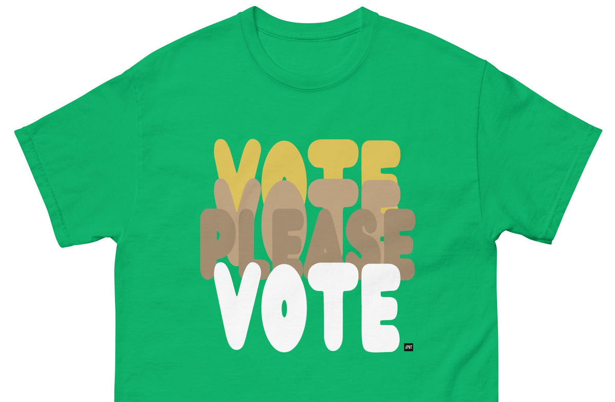 The APWT Gift Shop's Please Vote in Green Spaces Unisex T-Shirt from the APWT Vote Shop - Close Up