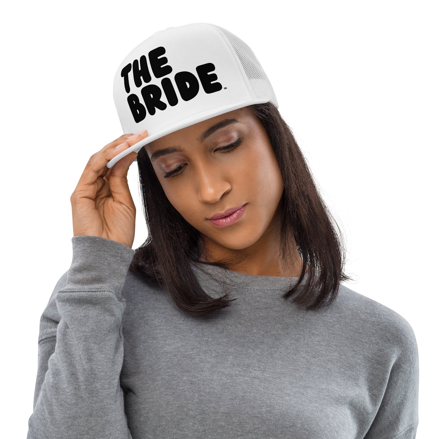 Second Woman wearing The Bride Trucker Hat from the APWT Gift Shop in white 