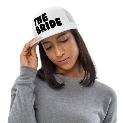 Second Woman wearing The Bride Trucker Hat from the APWT Gift Shop in white 