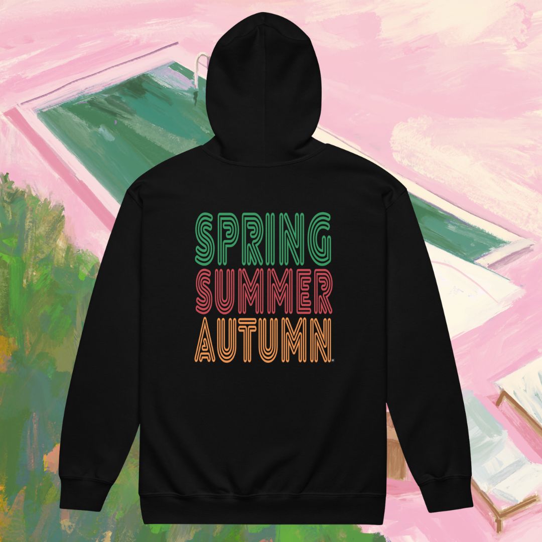 Black hoodie with 'Spring Summer Autumn' text on a colorful abstract background