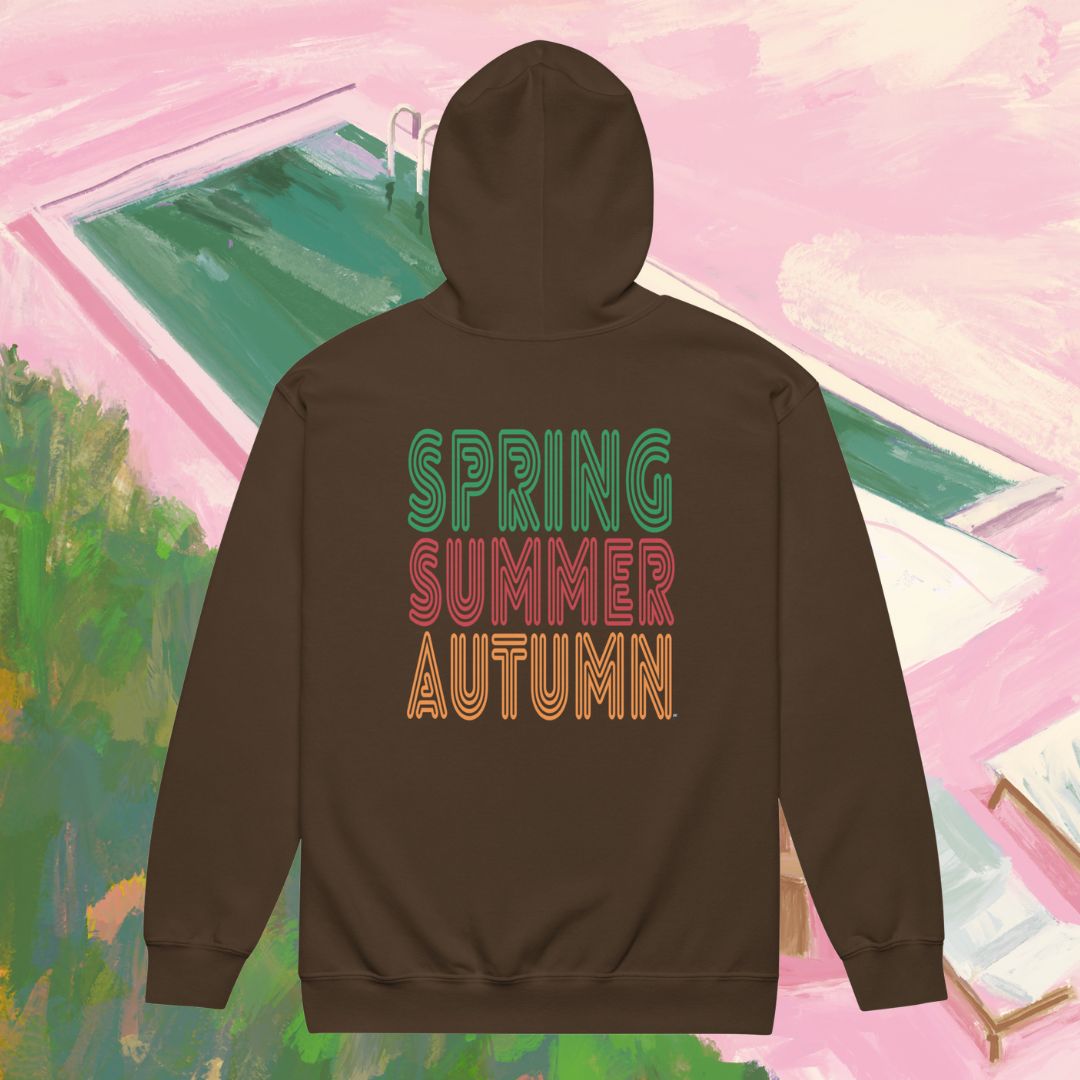 Brown hoodie with 'Spring Summer Autumn' text on a colorful abstract background