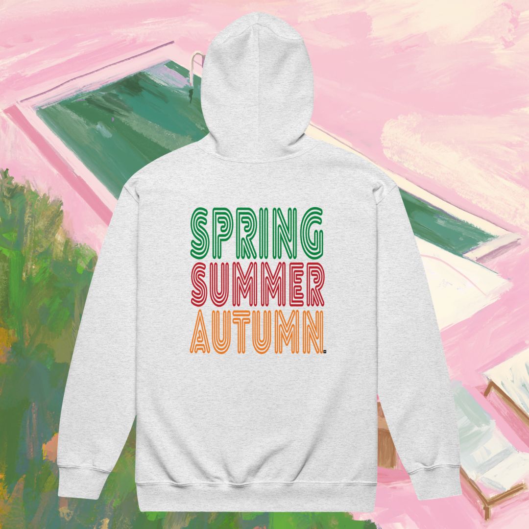 Gray hoodie with 'Spring Summer Autumn' text on a colorful abstract background