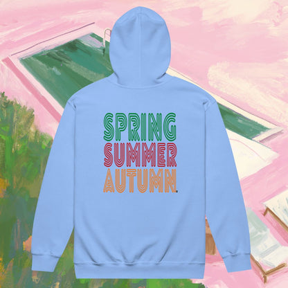 Blue hoodie with 'Spring Summer Autumn' text on a colorful abstract background