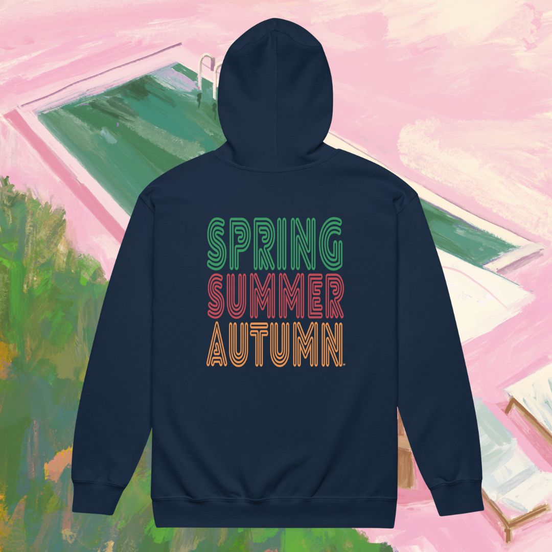 Navy blue hoodie with 'Spring Summer Autumn' text on a colorful abstract background