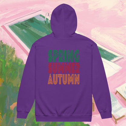 Purple hoodie with 'Spring Summer Autumn' text on a colorful abstract background