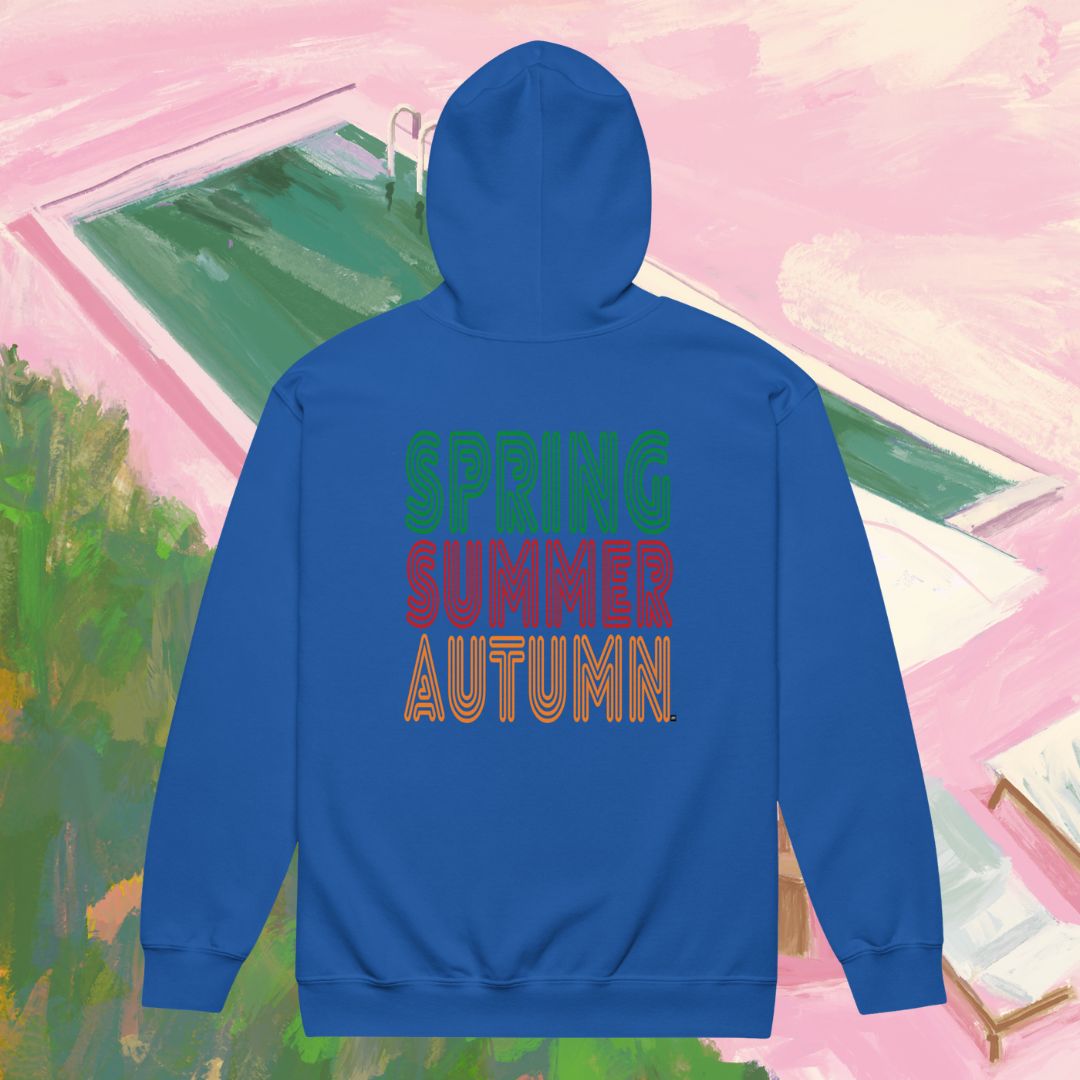 Blue hoodie with 'Spring Summer Autumn' text on a colorful abstract background