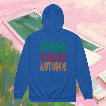 Blue hoodie with 'Spring Summer Autumn' text on a colorful abstract background