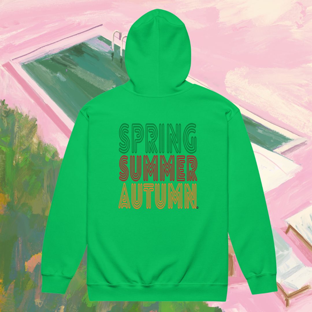 Green hoodie with 'Spring Summer Autumn' text on a colorful abstract background