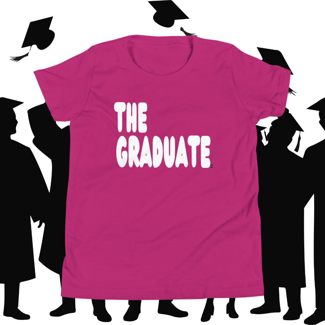 Pink t-shirt with 'THE GRADUATE' text, surrounded by black silhouette figures in graduation attire.