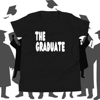 Black t-shirt with 'THE GRADUATE' text against a background of silhouettes in graduation attire.