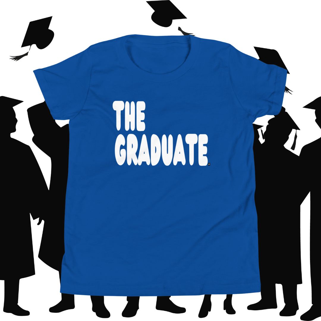 Blue t-shirt with 'THE GRADUATE' text against a white background with black graduation caps and gowns.