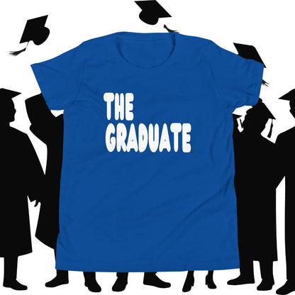 Blue t-shirt with 'THE GRADUATE' text against a white background with black graduation caps and gowns.