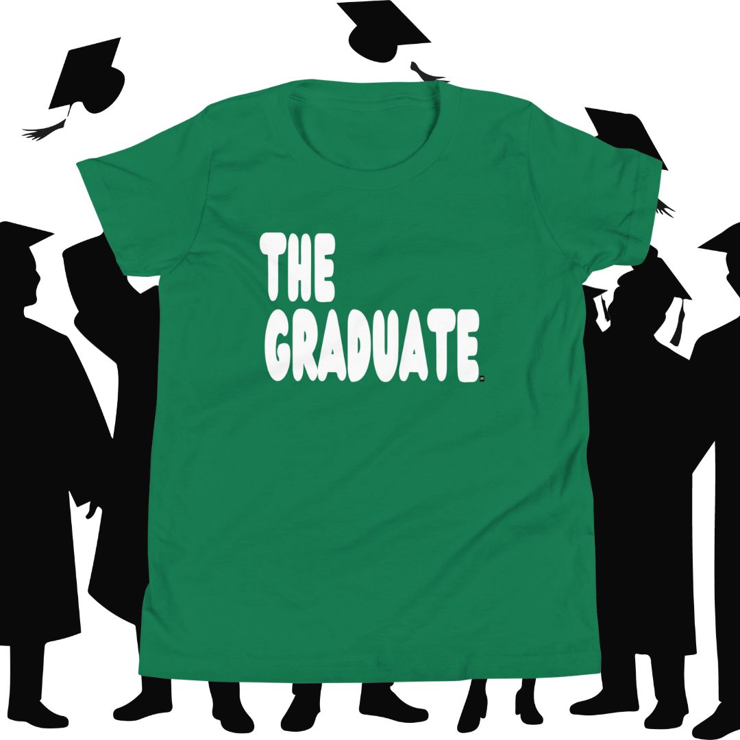 Green t-shirt with 'THE GRADUATE' text against a background of black graduation caps and gowns.