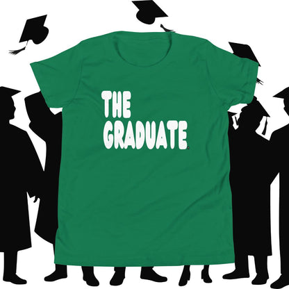 Green t-shirt with 'THE GRADUATE' text against a background of black graduation caps and gowns.