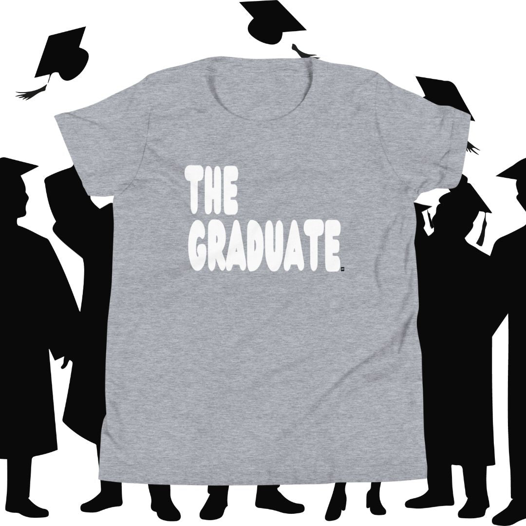 Gray t-shirt with 'THE GRADUATE' text in front of black silhouette figures in graduation attire.