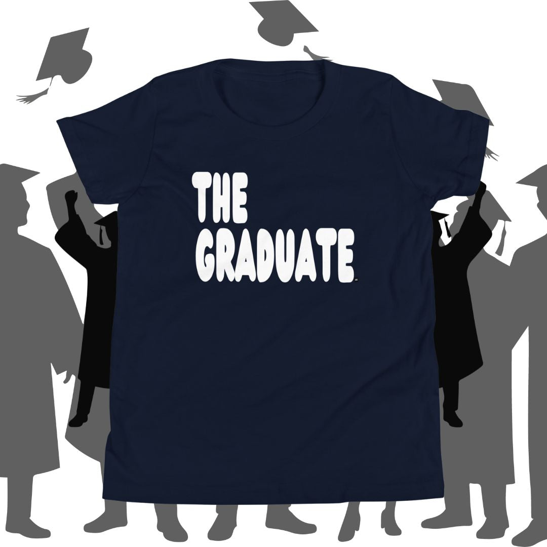 Navy blue t-shirt with 'THE GRADUATE' text against a background of silhouettes in graduation attire.