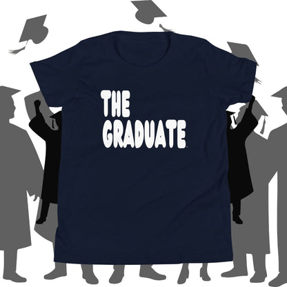 Navy blue t-shirt with 'THE GRADUATE' text against a background of silhouettes in graduation attire.