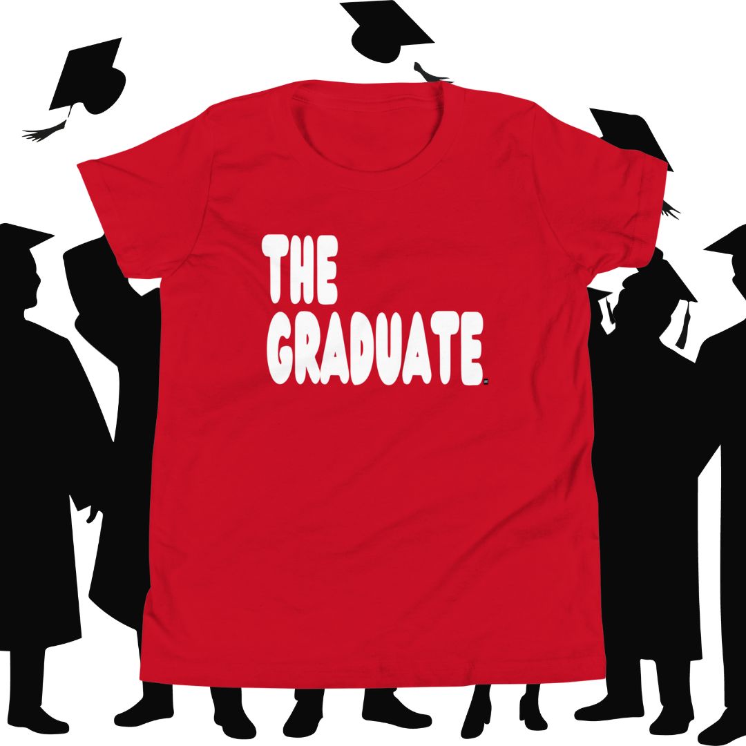 Red t-shirt with 'THE GRADUATE' text in front of black silhouette figures wearing graduation caps and gowns.