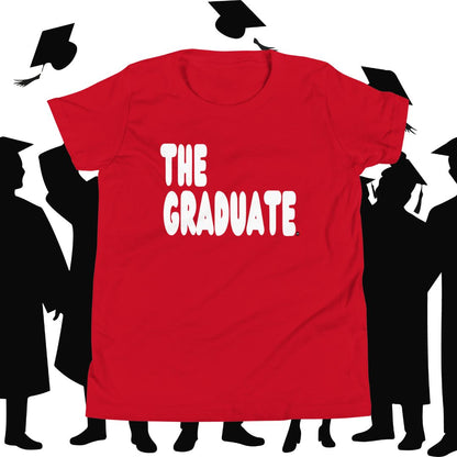 Red t-shirt with 'THE GRADUATE' text in front of black silhouette figures wearing graduation caps and gowns.