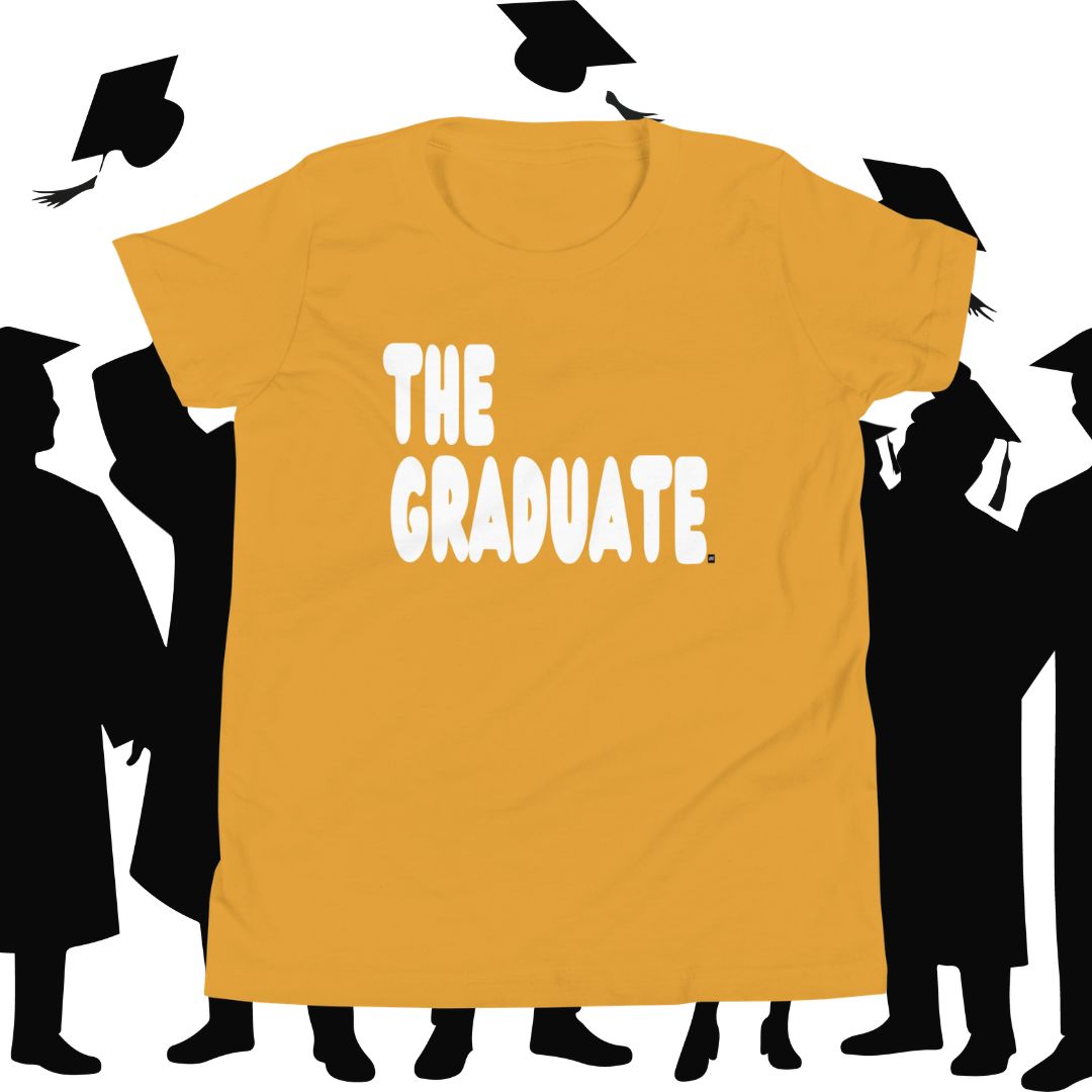 Yellow t-shirt with 'THE GRADUATE' text surrounded by black silhouette figures in graduation attire.