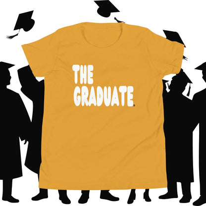 Yellow t-shirt with 'THE GRADUATE' text surrounded by black silhouette figures in graduation attire.