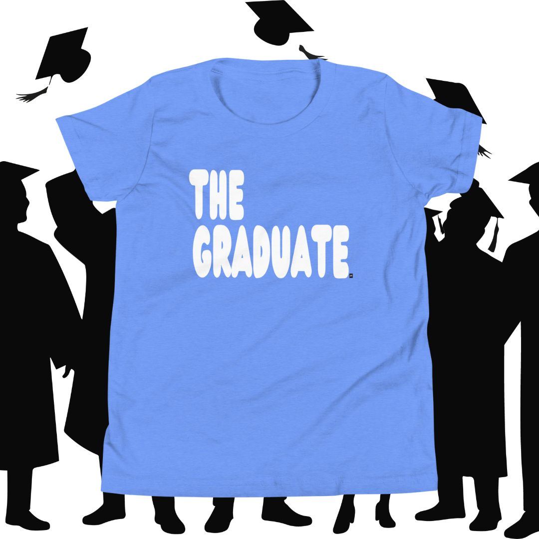 Blue t-shirt with 'THE GRADUATE' text surrounded by black silhouette figures in graduation attire.