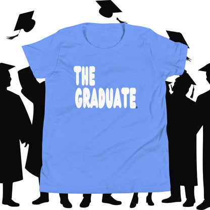 Blue t-shirt with 'THE GRADUATE' text surrounded by black silhouette figures in graduation attire.