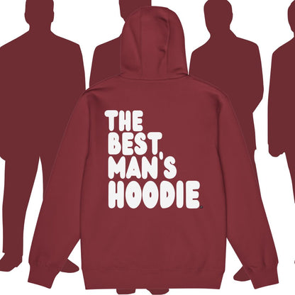 Burgundy hoodie with 'The Best Man's Hoodie' text on the back, shown from front and back views.