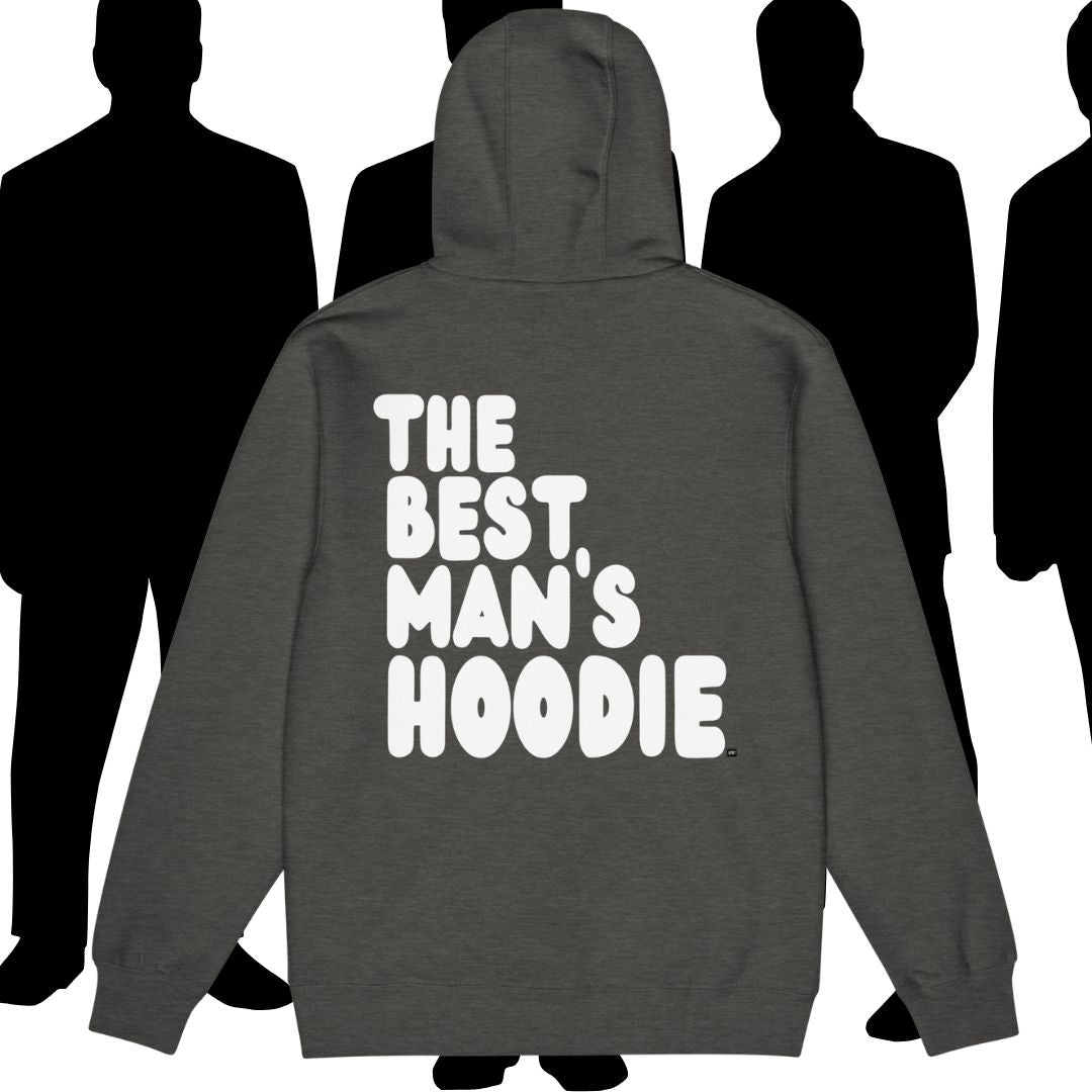 Gray hoodie with 'The Best Man's Hoodie' text on the back, shown against a white background with black silhouettes of men.