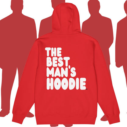 Red hoodie with 'The Best Man's Hoodie' text on the back, shown from front and back views.