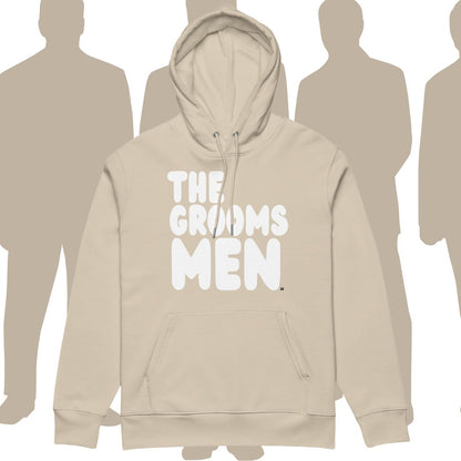 Beige hoodie with 'THE GROOMSMEN' text on a white background