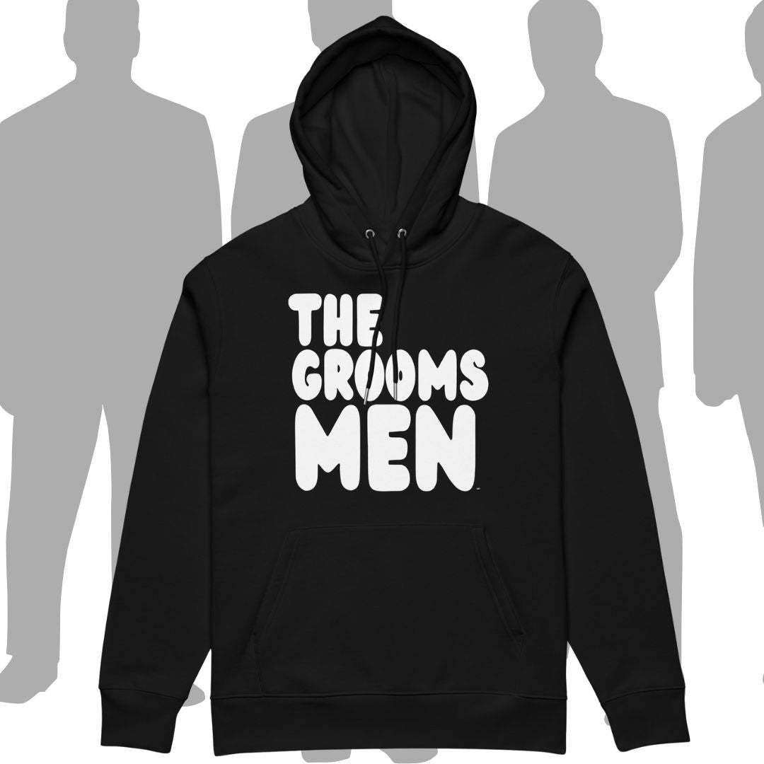 Black hoodie with 'THE GROOMS MEN' text on a white background