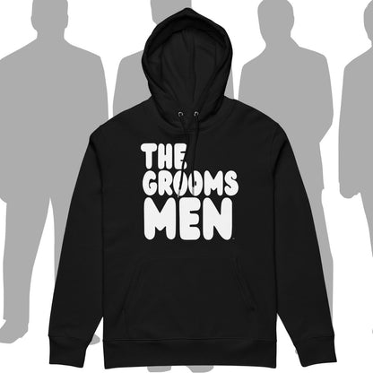 Black hoodie with 'THE GROOMS MEN' text on a white background