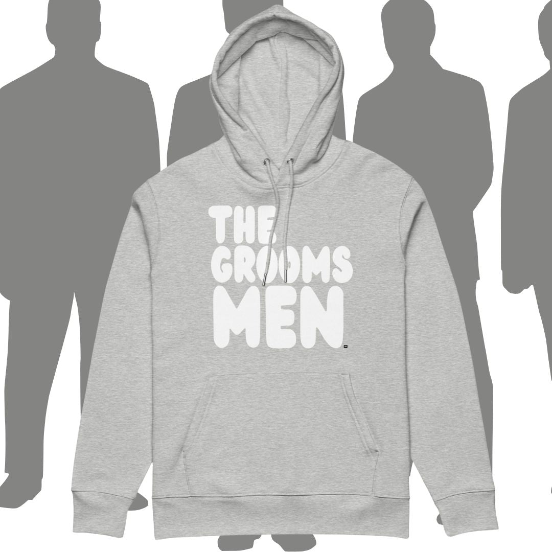 Gray hoodie with 'THE GROOMS MEN' text on a white background