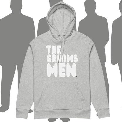 Gray hoodie with 'THE GROOMS MEN' text on a white background