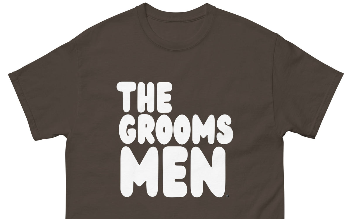 The APWT Gift Shop's the Groomsmen Unisex T-Shirt  from the APWT Wedding Shop and Day in the Life Collection in Brown - Close Up