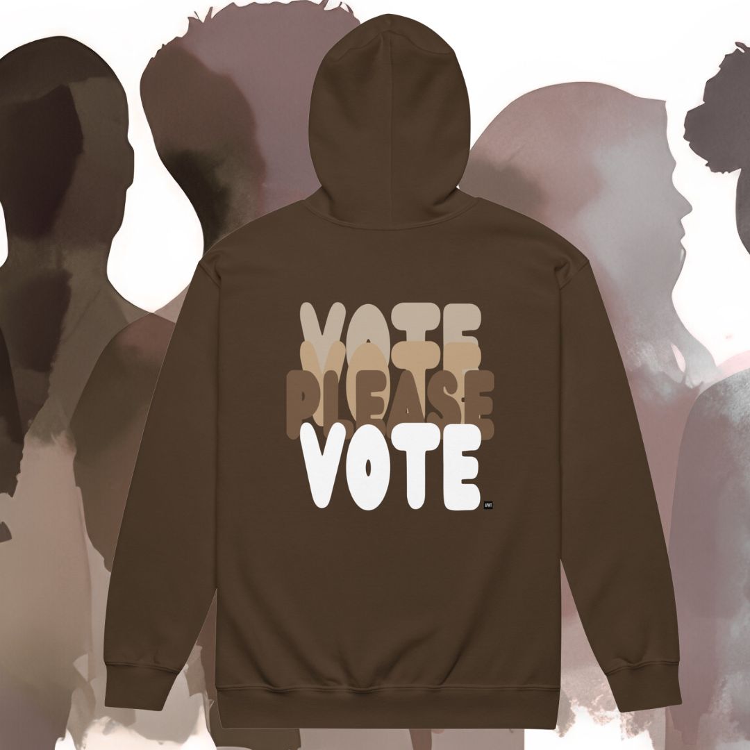 Brown hoodie with 'Vote Please Vote' text on the back against a blurred background