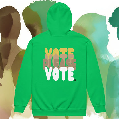 Green hoodie with 'Vote Please Vote' text on a colorful silhouette background