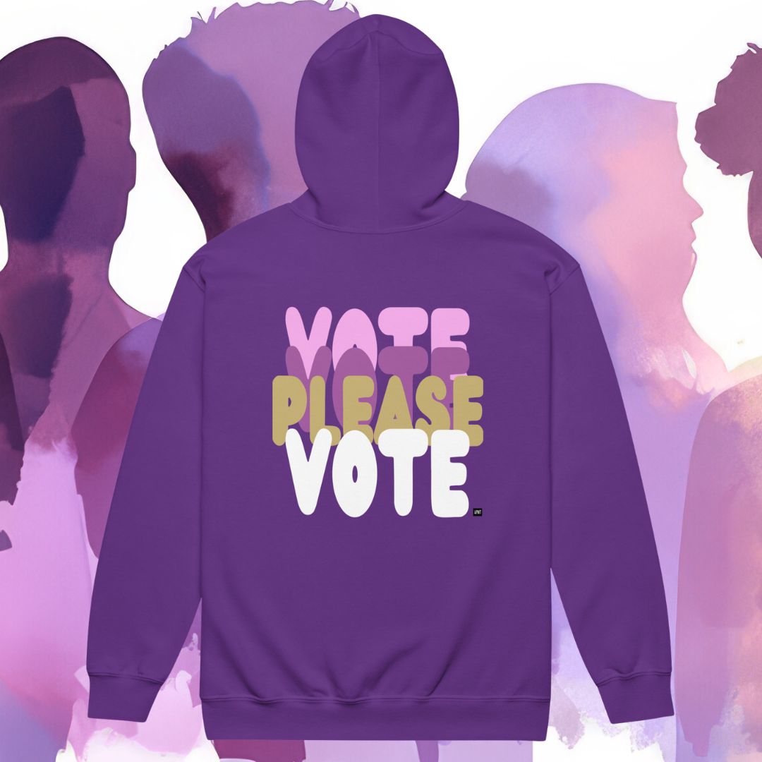 Purple hoodie with 'PLEASE VOTE' text on the back against a stylized silhouette background.