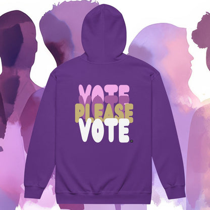 Purple hoodie with 'PLEASE VOTE' text on the back against a stylized silhouette background.