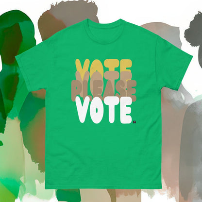 Green t-shirt with 'Vote Please Vote' text on a blurred background of people.
