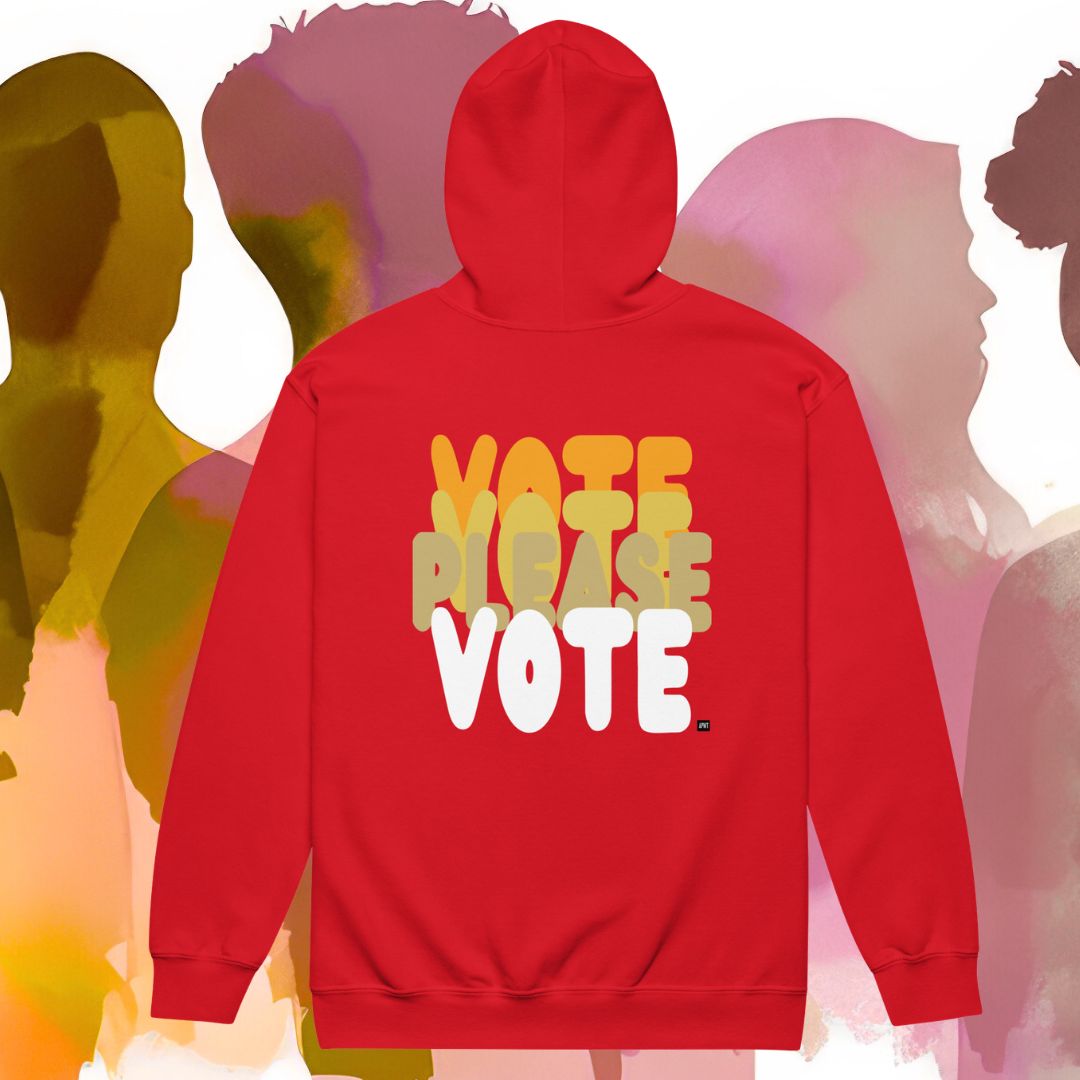 Red hoodie with 'Vote Please Vote' text on the back against a colorful silhouette background