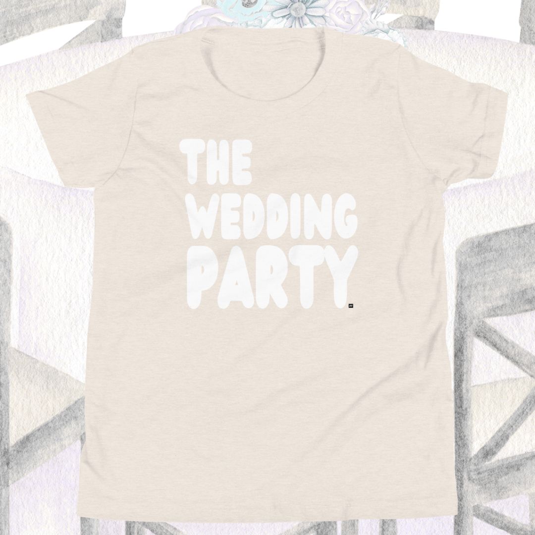 Beige t-shirt with 'THE WEDDING PARTY' text on a decorative background