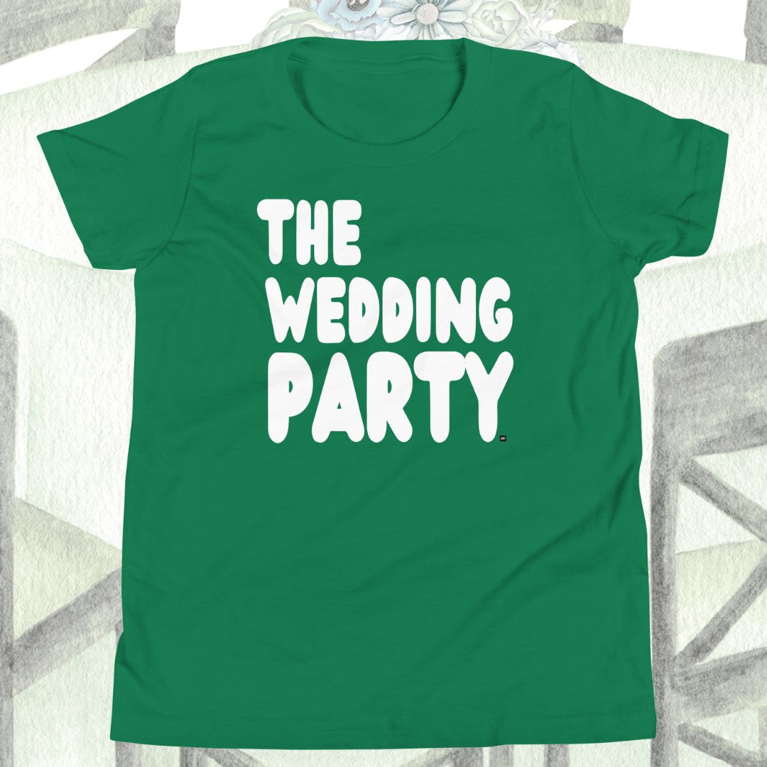 Green t-shirt with 'THE WEDDING PARTY' text on a white background